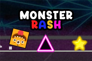 カラフルな文字で「MONSTER RASH」と書かれたロゴの下に四角いキャラクター、ピンクの三角形、黄色の星が並んでいる。
