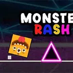 カラフルな文字で「MONSTER RASH」と書かれたロゴの下に四角いキャラクター、ピンクの三角形、黄色の星が並んでいる。