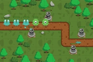 緑と青のキャラクターたちが並んで道を進む森の中の風景。