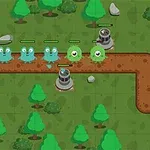 緑と青のキャラクターたちが並んで道を進む森の中の風景。