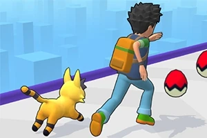 男の子が黄色い動物と一緒に歩道で赤と白のボールを追いかけている。