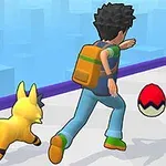 男の子が黄色い動物と一緒に歩道で赤と白のボールを追いかけている。