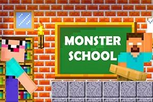 教室の中で「MONSTER SCHOOL」と書かれた緑の黒板の前に立つキャラクターたち。