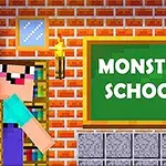 教室の中で「MONSTER SCHOOL」と書かれた緑の黒板の前に立つキャラクターたち。