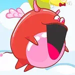 赤い翼を持つキャラクターが空を飛んでいるイラスト。