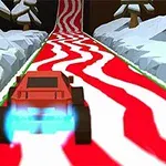 赤い車が雪に覆われた道を走る、カーブした赤と白の模様のトラック。