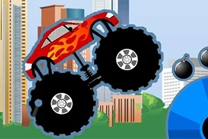 赤い炎のペイントが施された大きなタイヤの車が都市の背景でジャンプしている様子。