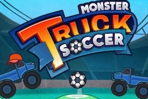 2台の青いモンスタートラックがサッカーボールを挟んで対峙しているイラスト。