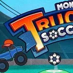2台の青いモンスタートラックがサッカーボールを挟んで対峙しているイラスト。