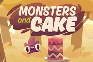 森の中でケーキを見つめるモンスターと「Monsters and Cake」というテキスト。