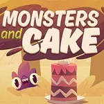 森の中でケーキを見つめるモンスターと「Monsters and Cake」というテキスト。