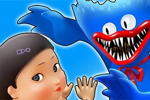 青い毛むくじゃらのキャラクターが、赤いリボンのような口の大きく開けた笑顔で、女性の人形と並んでいる。