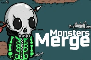 骸骨の頭を持つキャラクターが緑の服を着ており、背景に「Monsters Merge」と書かれています。