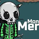 骸骨の頭を持つキャラクターが緑の服を着ており、背景に「Monsters Merge」と書かれています。