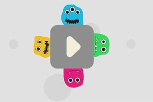 4色のモンスターが正方形のボタンを囲んでいるイラスト。