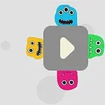 4色のモンスターが正方形のボタンを囲んでいるイラスト。