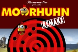 黄色い文字で「MOORHUHN」と書かれた上に、漫画風のニワトリのイラストと「REMAKE」の文字が描かれている。
