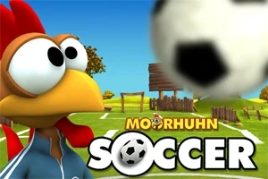 サッカー場の背景に、大きな目のあるコミカルな鶏とサッカーボール。