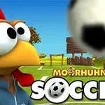 サッカー場の背景に、大きな目のあるコミカルな鶏とサッカーボール。