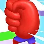 赤い拳を握ったキャラクターが青いパンツを履いており、多色のストライプ背景があります。