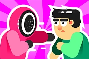ピンクのフードをかぶったキャラクターと緑の服を着た男性が向かい合っているイラスト。