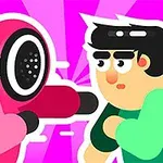 ピンクのフードをかぶったキャラクターと緑の服を着た男性が向かい合っているイラスト。