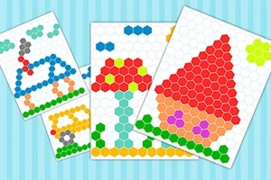 カラフルな六角形のピースを使って作られた家や花のイラストが描かれた3枚のカード。