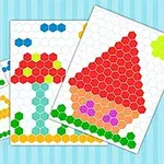 カラフルな六角形のピースを使って作られた家や花のイラストが描かれた3枚のカード。