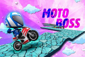 アニメ風のライダーがオートバイで険しい道を走っている様子と「MOTO BOSS」の文字。
