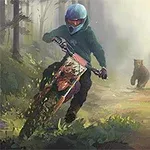 森の中でバイクに乗っている人を、後ろから熊が追いかけているシーン。