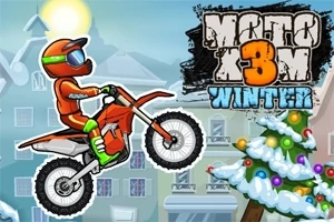 オレンジ色のライダーがオフロードバイクに乗って雪景色の中にいる様子とクリスマスツリーが描かれたイラスト。