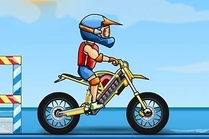 青空の下、ヘルメットを被ったライダーが黄色いモトクロスバイクに乗っているイラスト。