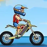 青空の下、ヘルメットを被ったライダーが黄色いモトクロスバイクに乗っているイラスト。