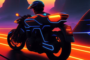未来的なネオンライトで装飾されたバイクに乗るヘルメットをかぶったライダー。