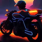 未来的なネオンライトで装飾されたバイクに乗るヘルメットをかぶったライダー。