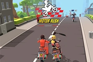 複数のバイク乗りが街中を走行しているシーン。