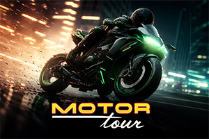 火花を散らしながら夜の街を疾走する、緑色のライトが光る黒いスポーツバイクと「MOTOR tour」の文字