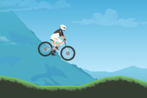 自転車に乗った人物が丘の上をジャンプしている様子。