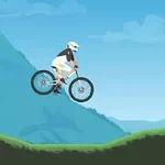 自転車に乗った人物が丘の上をジャンプしている様子。