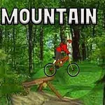 森の中を赤いジャケットを着た人物がマウンテンバイクでジャンプしているシーン。