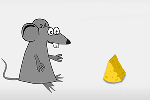 灰色のネズミが黄色いチーズに向かっているイラスト。