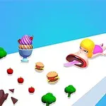 金髪のキャラクターが舌を出しながら、アイスクリームやハンバーガー、ブロッコリーが散らばった白い道を進んでいる。