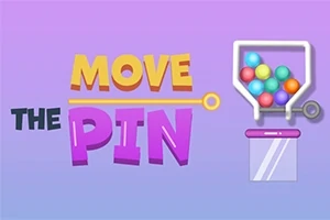 紫と黄色の背景に、「MOVE THE PIN」の文字と、パイプの中にカラフルなボールが入ったイラスト。