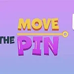 紫と黄色の背景に、「MOVE THE PIN」の文字と、パイプの中にカラフルなボールが入ったイラスト。