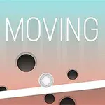 「MOVING UP」という文字と色とりどりの円形が配置された背景に白い線とボール。