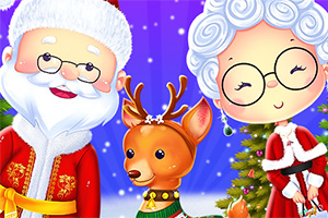 サンタクロースとミセスクロースがトナカイとクリスマスツリーの前で笑顔を見せているイラスト。