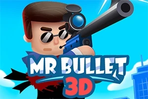 青空の背景に、サングラスをかけたキャラクターが大きな銃を構えるイラストと「MR BULLET 3D」の文字。