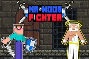 キャラクターが剣と盾を持ち向かい合う、Mr Noob Fighterの文字があるドット絵スタイルのイラスト。