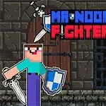 キャラクターが剣と盾を持ち向かい合う、Mr Noob Fighterの文字があるドット絵スタイルのイラスト。