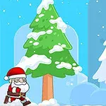 青空の下、雪に覆われた二本の木とサンタクロース、星が描かれているイラスト。